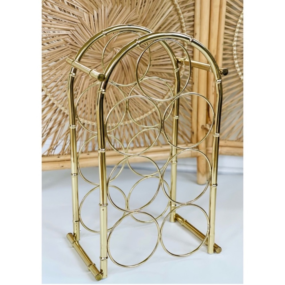 Gold Metal Vintage Wine Rack Faux Bamboo Hollywood Regency Style 7 Bottle